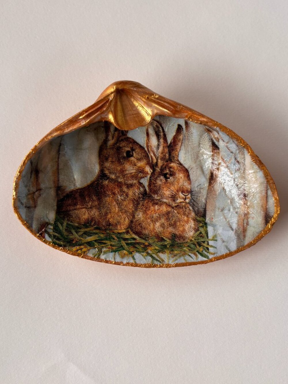 Bunny Trinket Dish Handmade Decoupage Oyster Shell Large